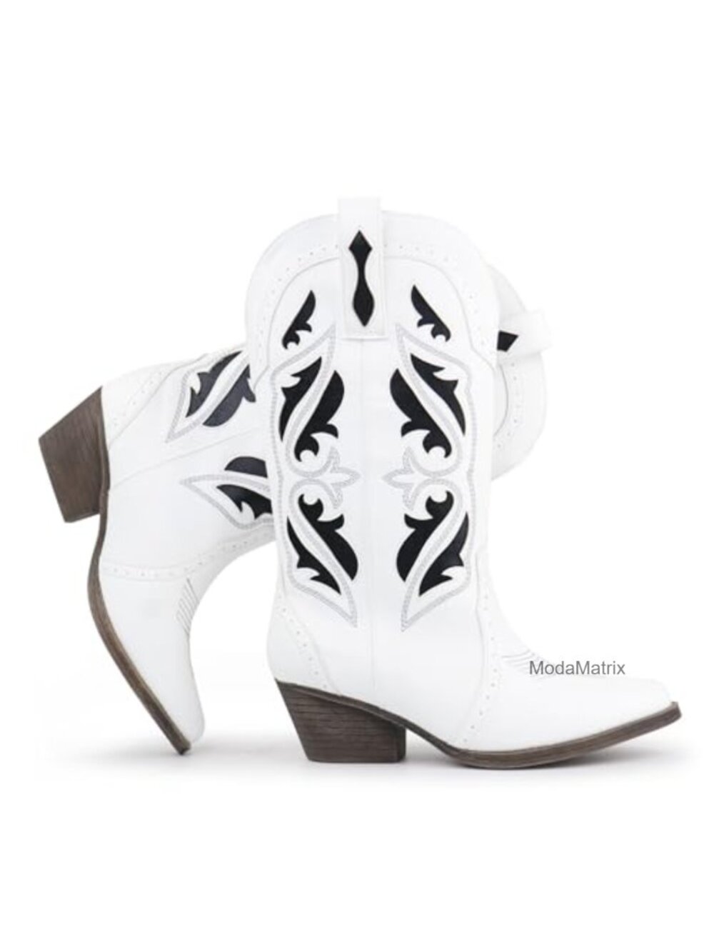 Embroidered Mid Calf Western Cowboy Boots Pointed Toe Block Heel Pull On